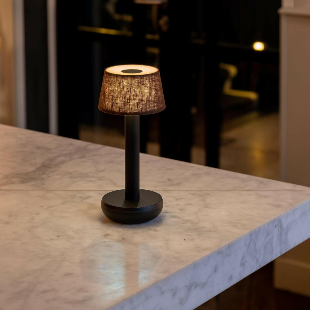 Two | LED Portable Table Lamp | Black / Brown Linen.